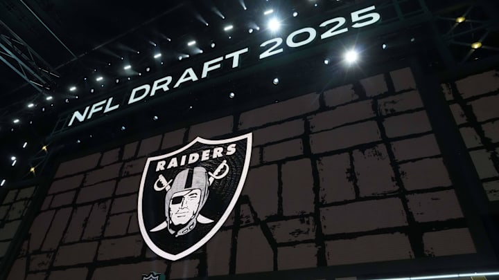 Apr 24, 2025; Green Bay, WI, USA; The Las Vegas Raiders logo is projected on the video board during the NFL Draft at Lambeau Field. Mandatory Credit: Kirby Lee-Imagn Images