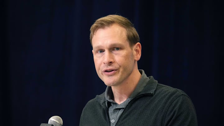 Feb 25, 2025; Indianapolis, IN, USA; Chicago Bears coach Ben Johnson speaks during the NFL Scouting Combine at the Indiana Convention Center. Mandatory Credit: Kirby Lee-Imagn Images