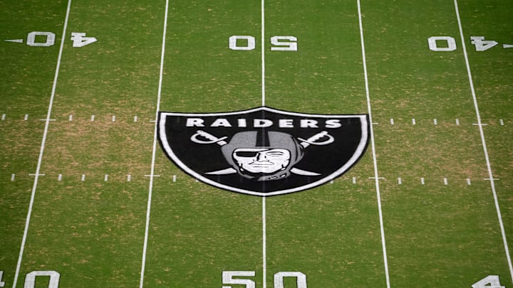 Aug 23, 2024; Paradise, Nevada, USA; The Las Vegas Raiders shield logo at midfield at Allegiant Stadium. Mandatory Credit: Kirby Lee-Imagn Images Aug 23, 2024; Paradise, Nevada, USA; The Las Vegas Raiders shield logo at midfield at Allegiant Stadium. Mandatory Credit: Kirby Lee-Imagn Images