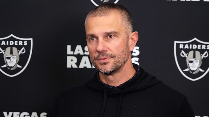 Feb 25, 2025; Indianapolis, IN, USA; Las Vegas Raiders general manager John Spytek on radio row during the NFL Scouting Combine at the Indiana Convention Center. Mandatory Credit: Kirby Lee-Imagn Images