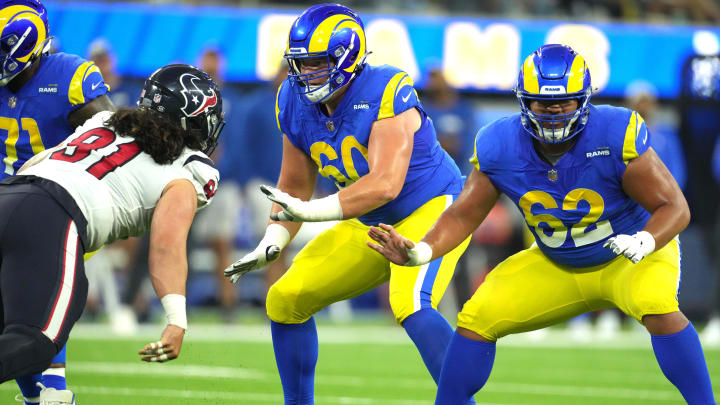 Aug 19, 2022; Inglewood, California, USA; Los Angeles Rams guard Logan Bruss (60) in the first half against the Houston Texans at SoFi Stadium. Mandatory Credit: Kirby Lee-USA TODAY Sports Aug 19, 2022; Inglewood, California, USA; Los Angeles Rams guard Logan Bruss (60) in the first half against the Houston Texans at SoFi Stadium. Mandatory Credit: Kirby Lee-USA TODAY Sports