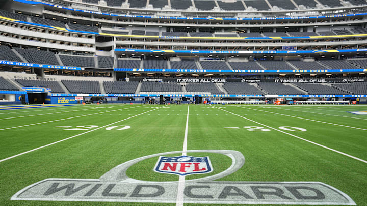 Jan 17, 2022; Inglewood, California, USA; A NFL Wild Card playoff logo on the field at SoFi Stadium. Mandatory Credit: Kirby Lee-Imagn Images