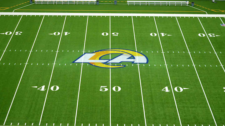 Nov 11, 2024; Inglewood, California, USA; The Los Angeles Rams logo at midfield at SoFi Stadium. Mandatory Credit: Kirby Lee-Imagn Images