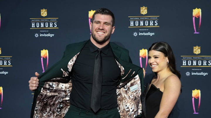 Feb 10, 2022; Los Angeles, CA, USA; TJ Watt appears on the red carpet prior to the NFL Honors awards presentation at YouTube Theater. Mandatory Credit: Kirby Lee-Imagn Images