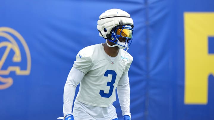 Jun 3, 2025; Woodland Hills, CA, USA; Los Angeles Rams safety Kam Curl (3) during organized team activities at Rams Practice Facility. Mandatory Credit: Kirby Lee-Imagn Images