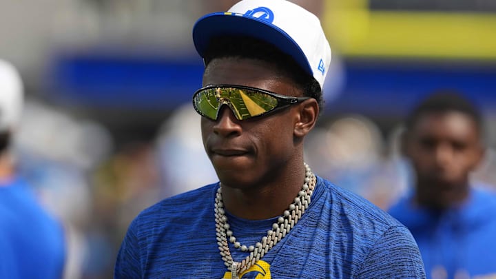 Aug 16, 2025; Inglewood, California, USA; Los Angeles Rams cornerback Emmanuel Forbes Jr. watches during the game against the Los Angeles Chargers at SoFi Stadium. Mandatory Credit: Kirby Lee-Imagn Images