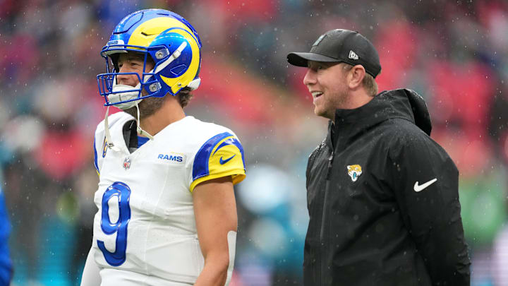 Oct 19, 2025; London, United Kingdom; Los Angeles Rams quarterback Matthew Stafford (9) with Jacksonville Jaguars head coach Liam Coen during a NFL International Series game at Wembley Stadium. Mandatory Credit: Kirby Lee-Imagn Images Oct 19, 2025; London, United Kingdom; Los Angeles Rams quarterback Matthew Stafford (9) with Jacksonville Jaguars head coach Liam Coen during a NFL International Series game at Wembley Stadium. Mandatory Credit: Kirby Lee-Imagn Images