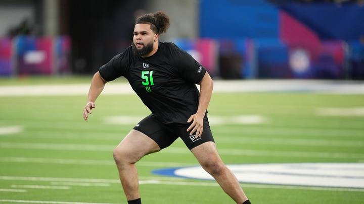 Mar 1, 2026; Indianapolis, IN, USA; Missouri offensive lineman Keagen Trost (OL51) during the NFL Scouting Combine at Lucas Oil Stadium. Mandatory Credit: Kirby Lee-Imagn Images Mar 1, 2026; Indianapolis, IN, USA; Missouri offensive lineman Keagen Trost (OL51) during the NFL Scouting Combine at Lucas Oil Stadium. Mandatory Credit: Kirby Lee-Imagn Images