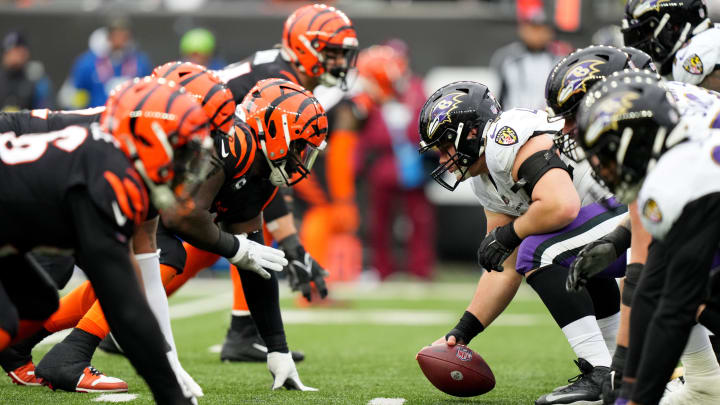Jan 8, 2023; Cincinnati, Ohio, USA; Cincinnati Bengals defensive tackle DJ Reader (98) and Baltimore Ravens center Tyler Linderbaum (64) line up before a snap in the third quarter during a game at Paycor Stadium. Mandatory Credit: Kareem Elgazzar-USA TODAY Sports
