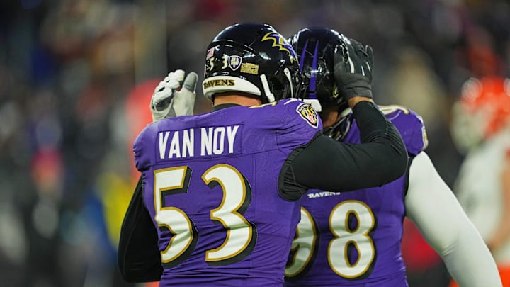 Jan 4, 2025; Baltimore, Maryland, USA; Baltimore Ravens linebacker Kyle Van Noy (53) and Baltimore Ravens defensive tackle Travis Jones (98) react after a play during the second quarter against the Cleveland Browns at M&T Bank Stadium. Mandatory Credit: Mitch Stringer-Imagn Images Jan 4, 2025; Baltimore, Maryland, USA; Baltimore Ravens linebacker Kyle Van Noy (53) and Baltimore Ravens defensive tackle Travis Jones (98) react after a play during the second quarter against the Cleveland Browns at M&T Bank Stadium. Mandatory Credit: Mitch Stringer-Imagn Images