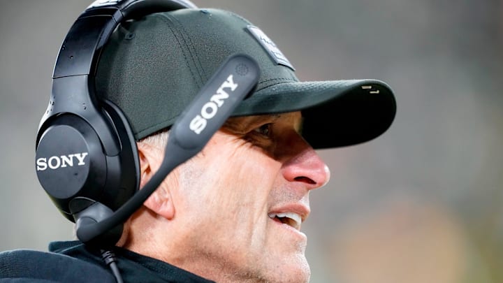 Dec 27, 2025; Green Bay, Wisconsin, USA; Baltimore Ravens head coach John Harbaugh is seen during the second quarter against the Green Bay Packers at Lambeau Field. Mandatory Credit: Jeff Hanisch-Imagn Images