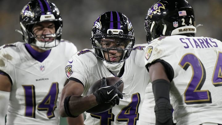 Baltimore Ravens cornerback Marlon Humphrey (44) celebrates his interception during the fourth quarter of their game Saturday, December 27, 2025 at Lambeau Field in Green Bay, Wisconsin. The Baltimore Ravens beat the Green Bay Packers 41-24. Baltimore Ravens cornerback Marlon Humphrey (44) celebrates his interception during the fourth quarter of their game Saturday, December 27, 2025 at Lambeau Field in Green Bay, Wisconsin. The Baltimore Ravens beat the Green Bay Packers 41-24.