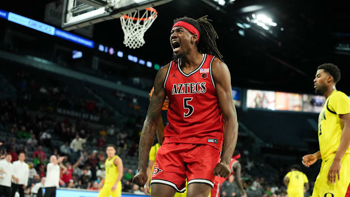 Nov 25, 2025; Las Vegas, Nevada, USA; San Diego State Aztecs forward Pharaoh Compton (5).