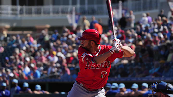 Mar 4, 2024; Surprise, Arizona, USA; Los Angeles Angels first baseman Nolan Schanuel (18) bats