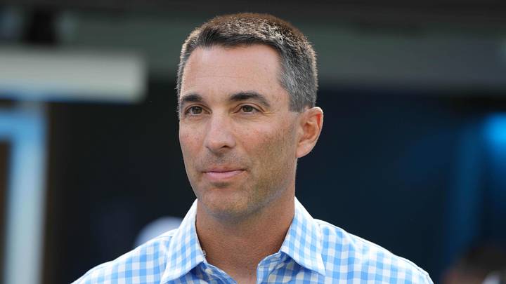 Aug 22, 2021; Inglewood, California, USA; Los Angeles Chargers general manager Tom Telesco reacts Aug 22, 2021; Inglewood, California, USA; Los Angeles Chargers general manager Tom Telesco reacts