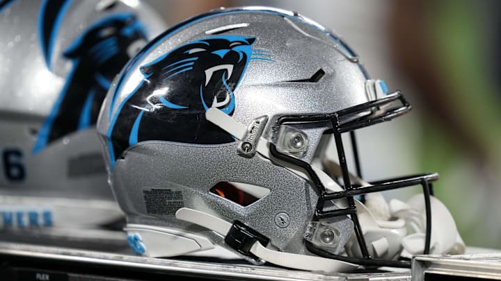 Aug 21, 2021; Charlotte, North Carolina, USA; A Carolina Panthers helmet. Aug 21, 2021; Charlotte, North Carolina, USA; A Carolina Panthers helmet.