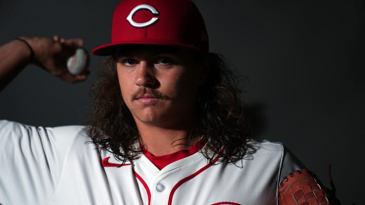 Feb 22, 2024; Goodyear, AZ, USA; Cincinnati Reds pitcher Rhett Lowder during media day at Goodyear Feb 22, 2024; Goodyear, AZ, USA; Cincinnati Reds pitcher Rhett Lowder during media day at Goodyear