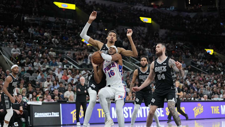 Apr 7, 2024; San Antonio, Texas, USA;  Philadelphia 76ers guard Ricky Council IV (16) goes in for a