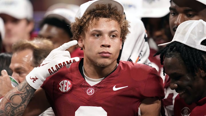 Dec 2, 2023; Atlanta, GA, USA; Alabama Crimson Tide wide receiver Jermaine Burton (3) celebrates