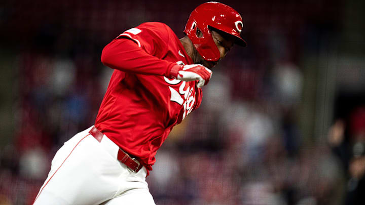 Cincinnati Reds outfielder Will Benson (30) rounds third on his way to home plate on a double hit by