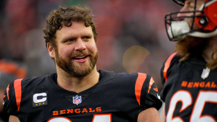 Cincinnati Bengals center Ted Karras (64) walks the sideline as the clocks runs late in the fourth