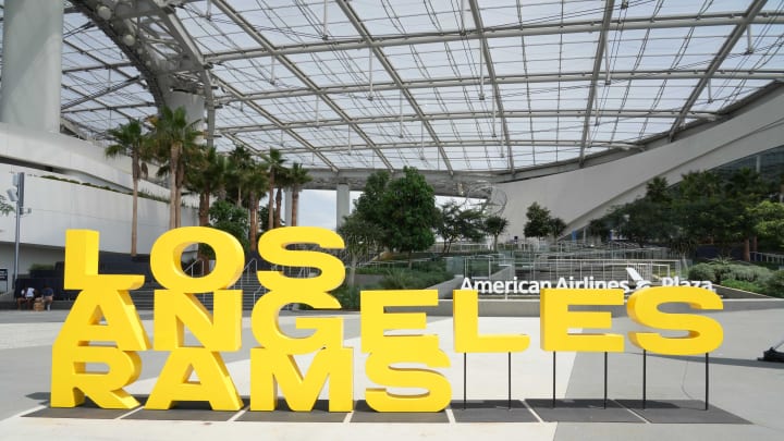 Sep 8, 2022; Inglewood, California, USA; The Los Angeles Rams logo at American Airlines Plaza. Sep 8, 2022; Inglewood, California, USA; The Los Angeles Rams logo at American Airlines Plaza.