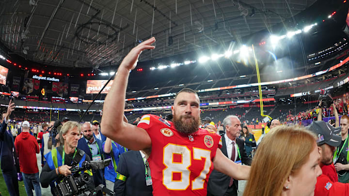 Feb 11, 2024; Paradise, Nevada, USA; Kansas City Chiefs tight end Travis Kelce (87) celebrates.