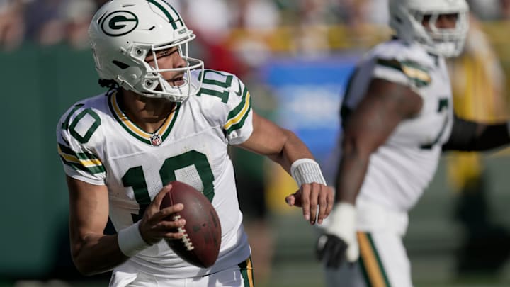 Green Bay Packers quarterback Jordan Love (10) is shown during the fourth quarter of their game Sunday, October 20, 2024 at Lambeau Field in Green Bay, Wisconsin. The Green Bay Packers beat the Houston Texans 24-22.