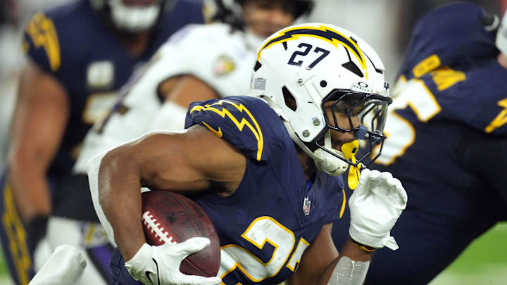 J.K. Dobbins runs the football during the Chargers' 30–23 loss to the Ravens on Nov. 25, 2024.