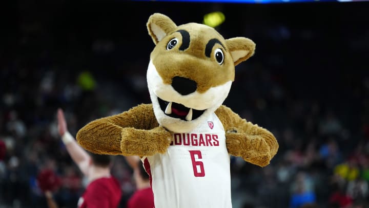 Mar 14, 2024; Las Vegas, NV, USA; Washington State Cougars mascot Butch during the game against the Stanford Cardinal at T-Mobile Arena. Mandatory Credit: Kirby Lee-USA TODAY Sports Mar 14, 2024; Las Vegas, NV, USA; Washington State Cougars mascot Butch during the game against the Stanford Cardinal at T-Mobile Arena. Mandatory Credit: Kirby Lee-USA TODAY Sports