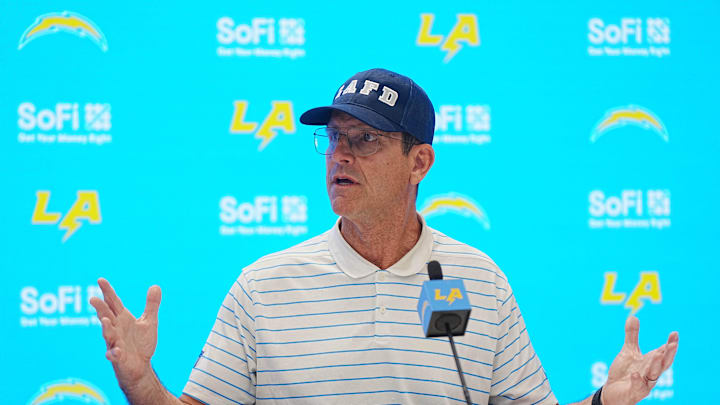 Jan 15, 2025; El Segundo, CA, USA; Los Angeles Chargers coach Jim Harbaugh at a press conference at The Bolt. Mandatory Credit: Kirby Lee-Imagn Images