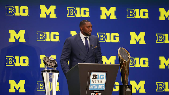  Michigan head coach Sherrone Moore speaks to the media during the Big Ten NCAA college football media days . Mandatory Credit: Lucas Peltier-Imagn Images