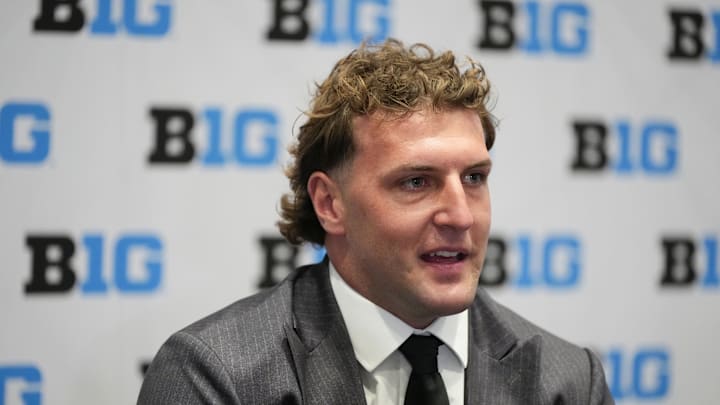 Jul 24, 2025; Las Vegas, NV, USA; Michigan tight end Max Bredeson speaks to the media during the Big Ten NCAA college football media days at Mandalay Bay Resort. Mandatory Credit: Lucas Peltier-Imagn Images