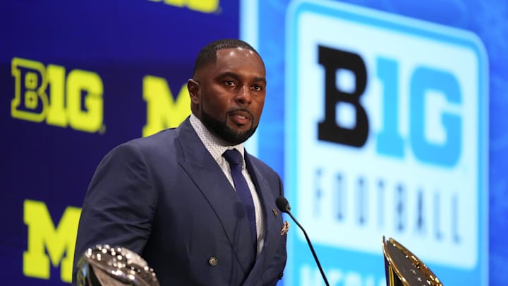 Jul 24, 2025; Las Vegas, NV, USA; Michigan head coach Sherrone Moore speaks to the media during the Big Ten NCAA college football media days at Mandalay Bay Resort. Mandatory Credit: Lucas Peltier-Imagn Images