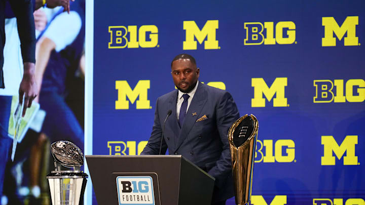 Michigan head coach Sherrone Moore speaks to the media during the Big Ten NCAA college football media days t. Mandatory Credit: Lucas Peltier-Imagn Images