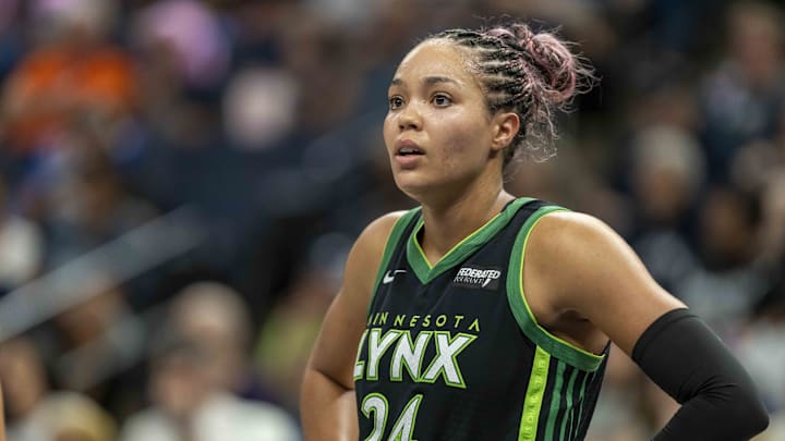 Sep 14, 2025; Minneapolis, Minnesota, USA; Minnesota Lynx forward Napheesa Collier (24) looks on against the Golden State Valkyries in the second half during game one of round one for the 2025 WNBA Playoffs at Target Center. Mandatory Credit: Jesse Johnson-Imagn Images Sep 14, 2025; Minneapolis, Minnesota, USA; Minnesota Lynx forward Napheesa Collier (24) looks on against the Golden State Valkyries in the second half during game one of round one for the 2025 WNBA Playoffs at Target Center. Mandatory Credit: Jesse Johnson-Imagn Images