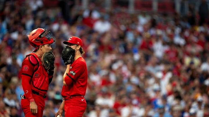 Cincinnati Reds starting pitcher Brady Singer (51) and Cincinnati Reds catcher Tyler Stephenson (37) speak in the fifth inning between the Atlanta Braves and Cincinnati Reds at Great American Ball Park in Cincinnati on Saturday, May 30, 2026.