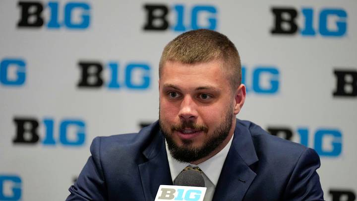 Jul 24, 2025; Las Vegas, NV, USA; Iowa defensive lineman Ethan Hurkett speaks to the media during the Big Ten NCAA college football media days at Mandalay Bay Resort. Mandatory Credit: Lucas Peltier-Imagn Images