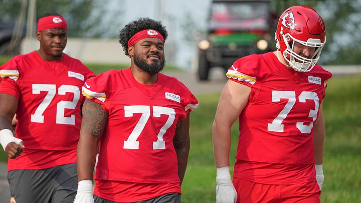 Kansas City Chiefs offensive tackles Chukwuebuka Godrick (72), Jaylon Moore (77), and Matt Waletzko (73)