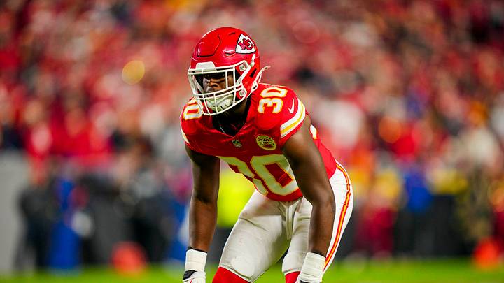 Oct 27, 2025; Kansas City, Missouri, USA; Kansas City Chiefs cornerback Chris Roland-Wallace (30) defends during the second half against the Washington Commanders at GEHA Field at Arrowhead Stadium. Mandatory Credit: Jay Biggerstaff-Imagn Images