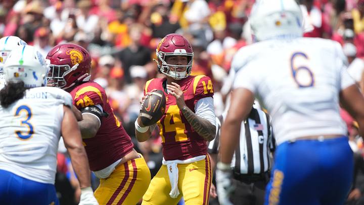 Aug 29, 2026; Los Angeles, California, USA; USC Trojans quarterback Jayden Maiava (14) drops back for a pass second quarter against the San José State Spartans at United Airlines Field at Los Angeles Memorial Coliseum. Mandatory Credit: Kirby Lee-Imagn Images Aug 29, 2026; Los Angeles, California, USA; USC Trojans quarterback Jayden Maiava (14) drops back for a pass second quarter against the San José State Spartans at United Airlines Field at Los Angeles Memorial Coliseum. Mandatory Credit: Kirby Lee-Imagn Images