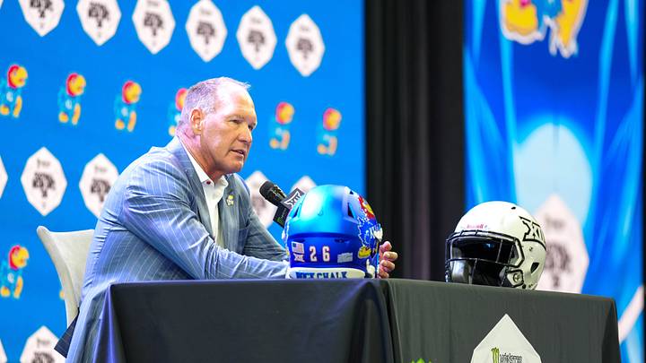 Jul 8, 2026; Frisco, TX, USA;  Kansas head coach Lance Leipold speaks to reporters during Big 12 Conference Football Media Days at The Star. Mandatory Credit: Raymond Carlin III-Imagn Images
