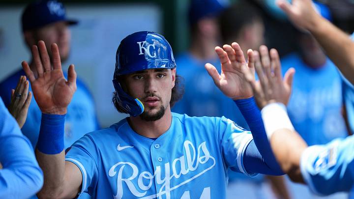 Jul 6, 2026; Kansas City, Missouri, USA; Kansas City Royals right fielder Jac Caglianone (14) is congratulated by teammates after scoring a run during the first inning against the Philadelphia Phillies at Kauffman Stadium. Mandatory Credit: Jay Biggerstaff-Imagn Images Jul 6, 2026; Kansas City, Missouri, USA; Kansas City Royals right fielder Jac Caglianone (14) is congratulated by teammates after scoring a run during the first inning against the Philadelphia Phillies at Kauffman Stadium. Mandatory Credit: Jay Biggerstaff-Imagn Images