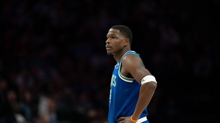 Oct 25, 2026; Minneapolis, Minnesota, USA;  Minnesota Timberwolves guard Anthony Edwards (5) looks on against the Toronto Raptors in the second half at Target Center.  Mandatory Credit: Jesse Johnson-Imagn Images