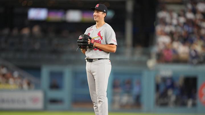 Sep 1, 2026; Los Angeles, California, USA;  St. Louis Cardinals pitcher Michael McGreevy (36) looks on during the first inning against the Los Angeles Dodgers at Dodger Stadium.  Mandatory Credit: Kirby Lee-Imagn Images