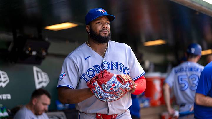 Sep 9, 2026; West Sacramento, California, USA;  Toronto Blue Jays first baseman Vladimir Guerrero Jr. (27) walks in the dugout during a break in the action against the Athletics in the sixth inning at Sutter Health Park.  Mandatory Credit: Cary Edmondson-Imagn Images
