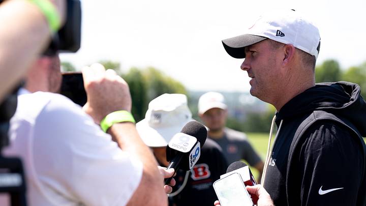 Cincinnati Bengals head coach Zac Taylor speaks to reporters during the Cincinnati Bengals Training Camp 2026 at Kettering Practice Field in Cincinnati on Thursday, July 30, 2026.