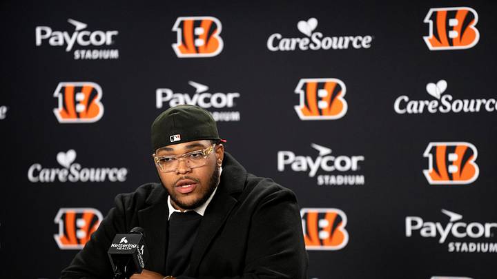 Bengals left tackle Orlando Brown Jr. speaks to the media during a press conference at Paycor Stadium in Cincinnati on Thursday, March 12, 2026. Bengals left tackle Orlando Brown Jr. speaks to the media during a press conference at Paycor Stadium in Cincinnati on Thursday, March 12, 2026.