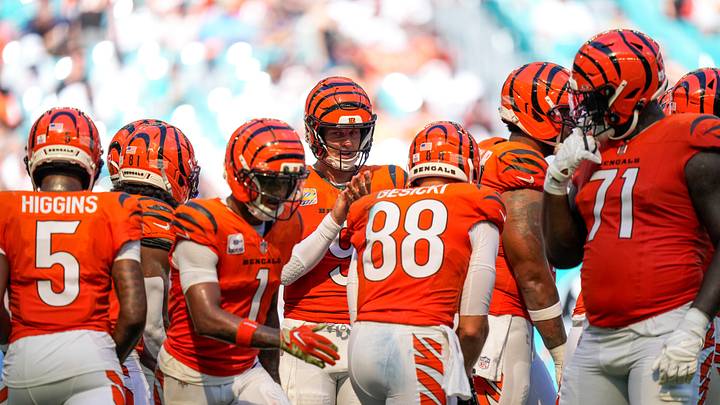Cincinnati Bengals quarterback Joe Burrow (9) talks in a huddle in the third quarter of the NFL Week 5 game between the Miami Dolphins and the Cincinnati Bengals at Hard Rock Stadium in Miami Gardens, Florida, on Sunday, Oct. 11, 2026. The Bengals improved to 3-2 on the season with a 31-24 win on the road. Cincinnati Bengals quarterback Joe Burrow (9) talks in a huddle in the third quarter of the NFL Week 5 game between the Miami Dolphins and the Cincinnati Bengals at Hard Rock Stadium in Miami Gardens, Florida, on Sunday, Oct. 11, 2026. The Bengals improved to 3-2 on the season with a 31-24 win on the road.