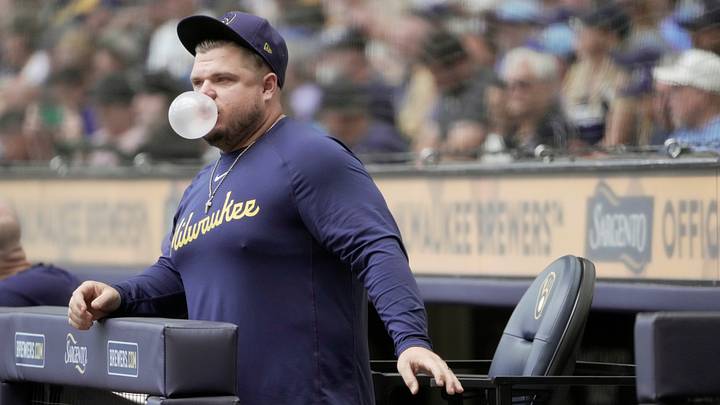 Milwaukee Brewers hitting coach Daniel Vogelbach is shown during the first inning of their game against the New York Mets Wednesday, July 22, 2026 at American Family Field in Milwaukee, Wisconsin.